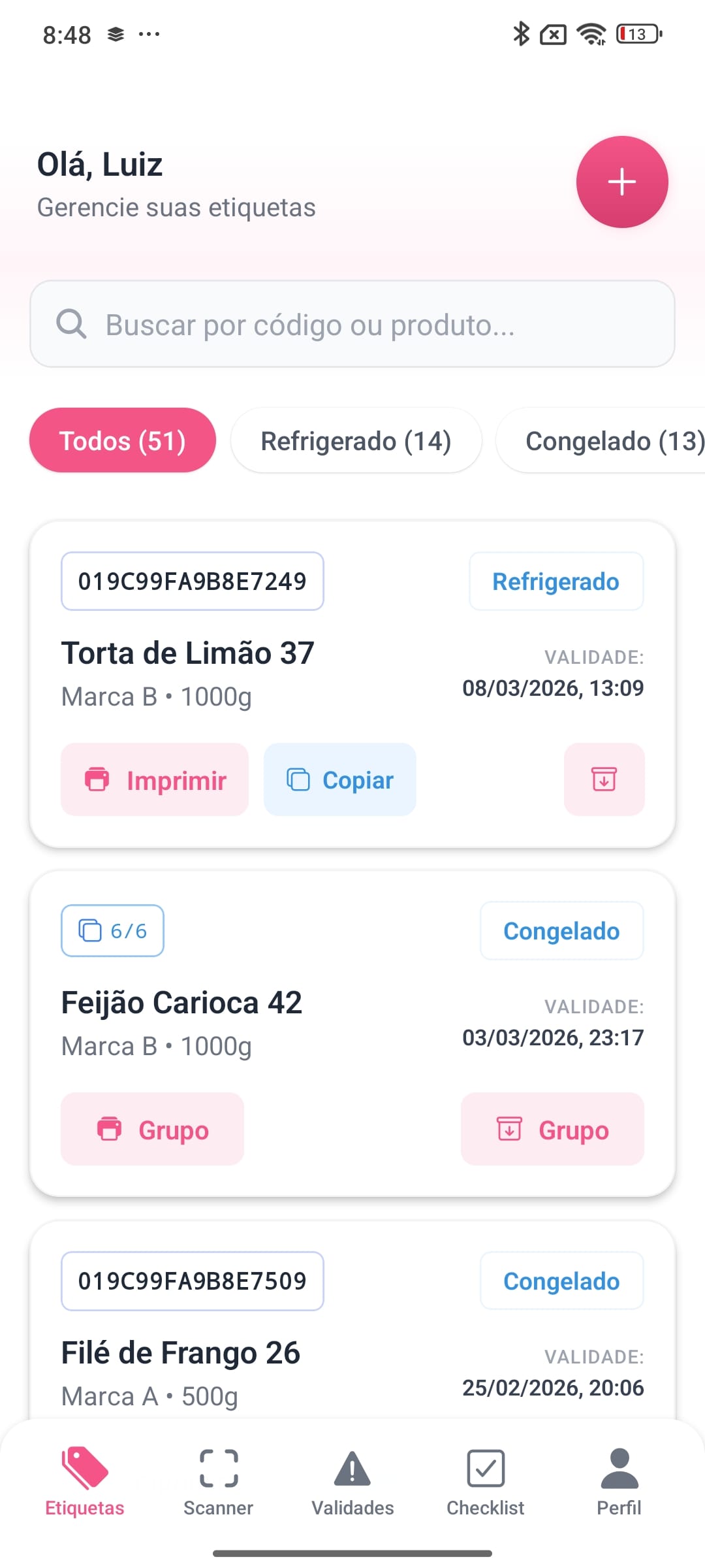Tela do app: Etiquetas