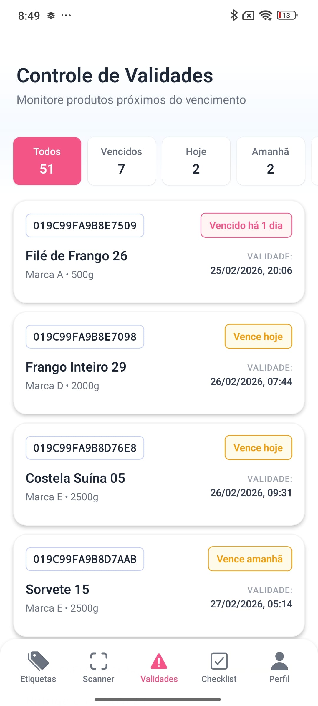 Tela do app: Validades