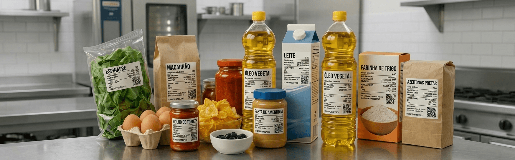 Imagem de produtos etiquetados com QR code em uma cozinha